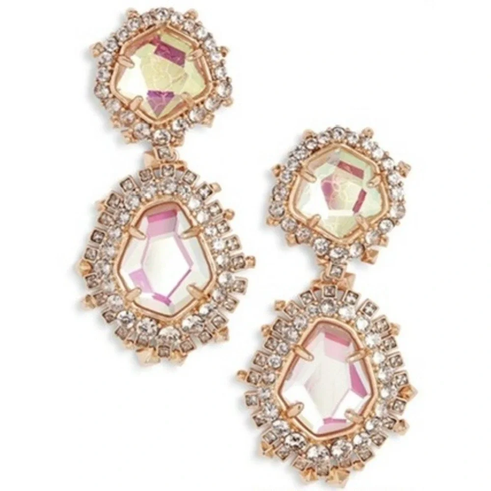 Kendra Scott Althea Earrings In‎ Rose Gold Dichroic Glass Dangle Statement Rare